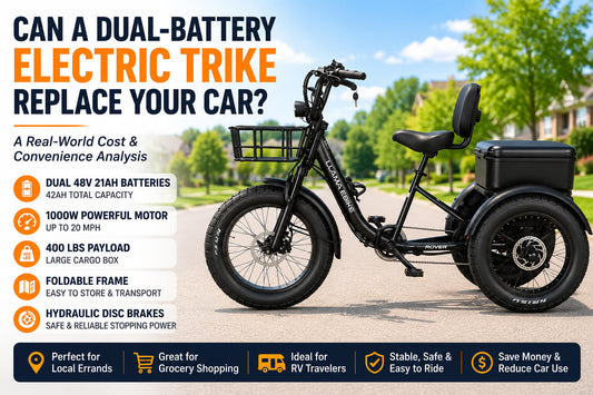 LLAMA Rover dual-battery electric cargo trike used for grocery shopping, local transportation, and replacing short car trips