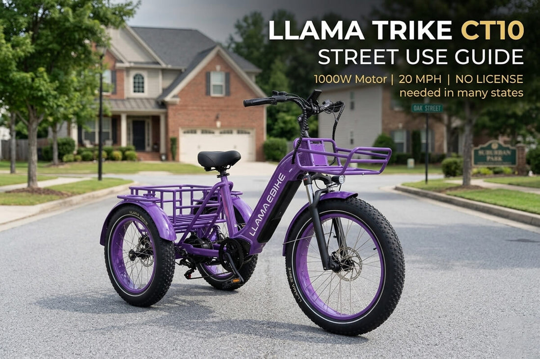LLAMA Trike CT10 purple electric utility cargo tricycle on a suburban residential road. Text overlay reads: LLAMA TRIKE CT10 STREET USE GUIDE - 1000W Motor, 20 MPH, NO LICENSE needed in many states.