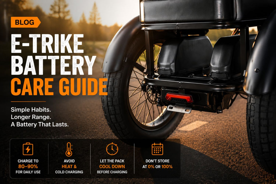 LLAMA Trike battery care guide showing electric trike rear battery system and tips for extending battery life