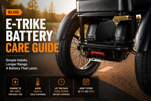 LLAMA Trike battery care guide showing electric trike rear battery system and tips for extending battery life