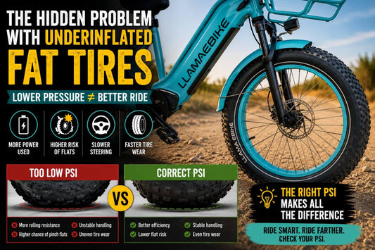 Infographic titled "The Hidden Problem with Underinflated Fat Tires" by LLAMAEBIKE. It compares too low PSI vs. correct PSI, highlighting risks like higher power use and flats versus benefits like better efficiency and stable handling for e-bikes.
